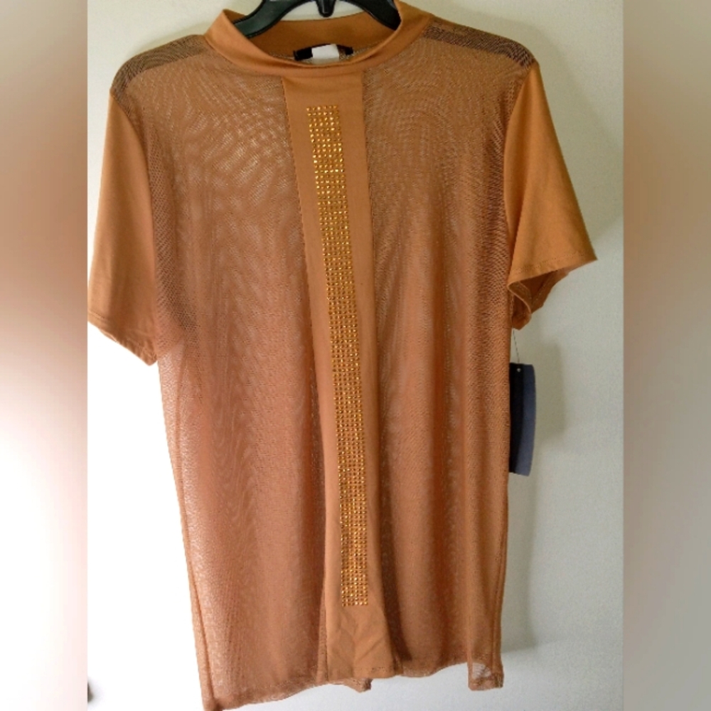 Tan sheer Gold crystal embellished women's top